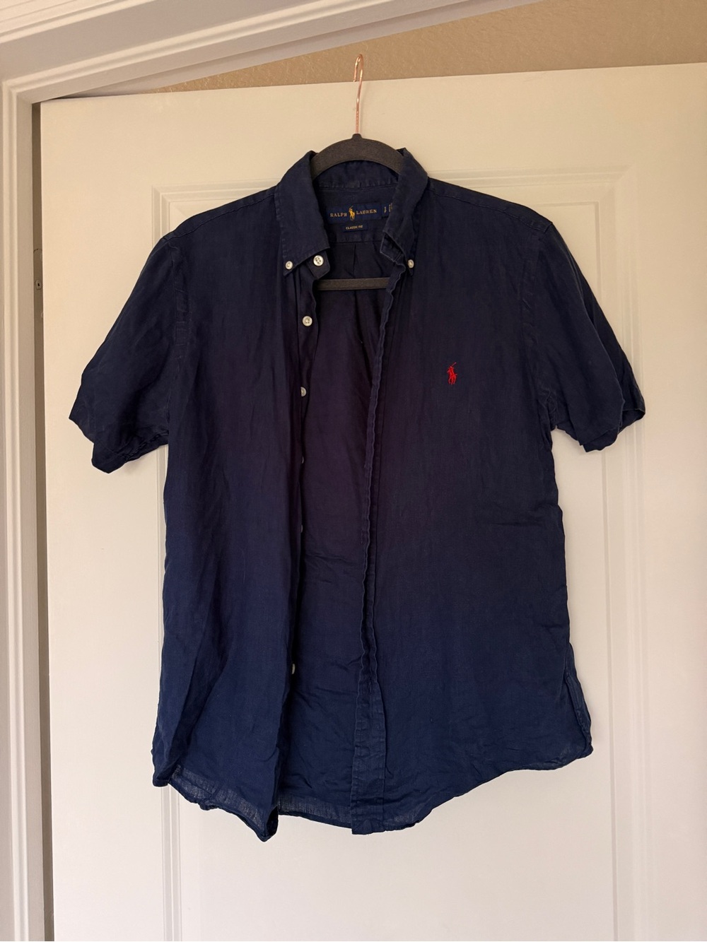 Ralph Lauren Navy Linen Short-Sleeve Button-Down Shirt with Red Pony - Picture 4 of 4